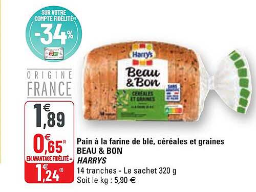 pain à la farine de blé, céréales et graines beau & bon harrys