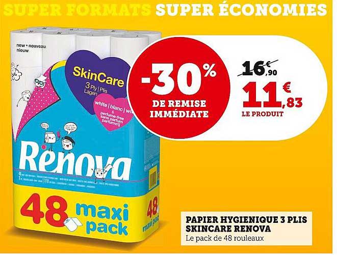 papier hygiénique 3 plis skincare renova -30% de remise immédiate