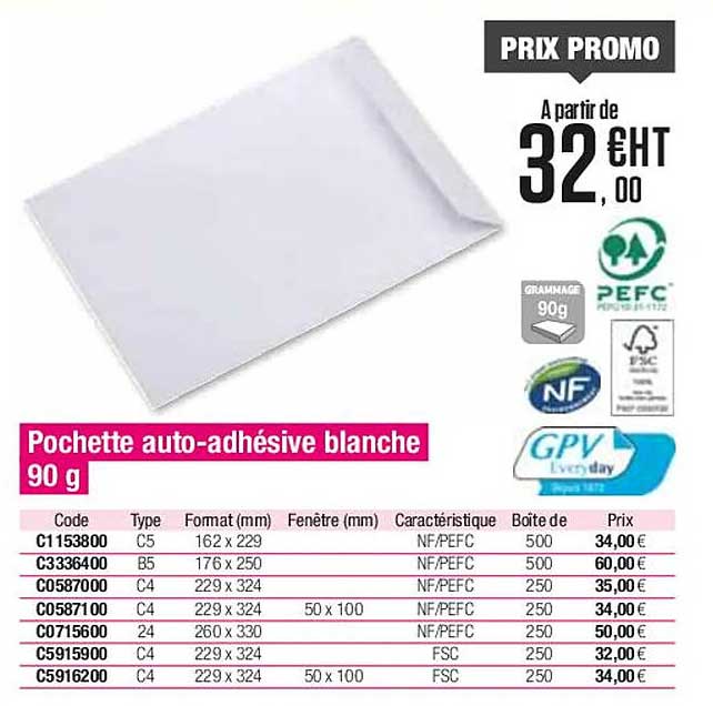 pocheette auto-adhésive blanche 90 g