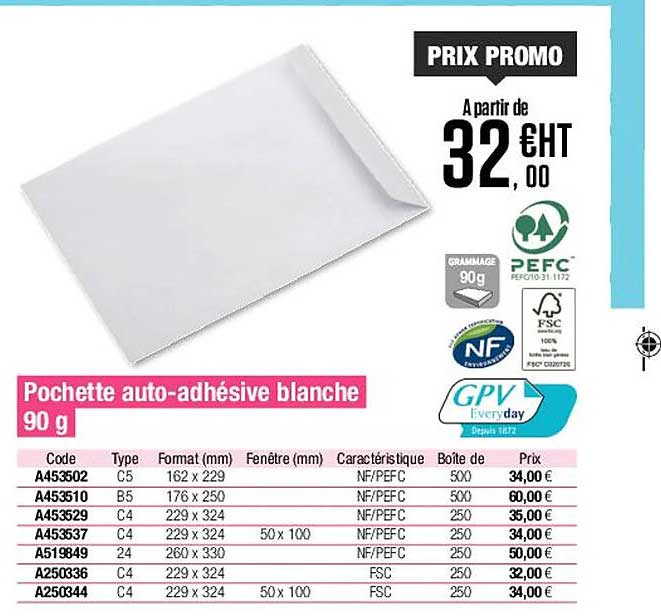 pochette auto-adhésive blanche 90 g