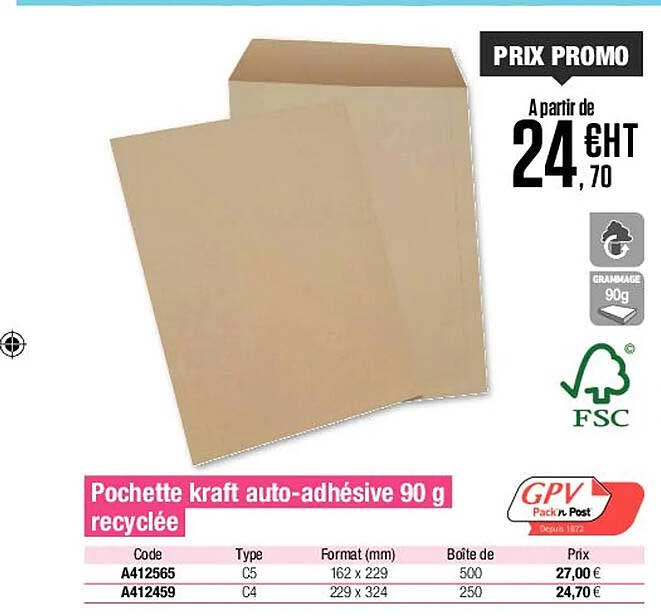 pochette kraft auto-adhésive 90 g recyclée