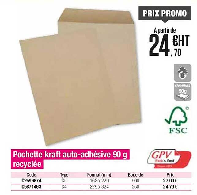pochette kraft auto-adhésive 90 g recyclée