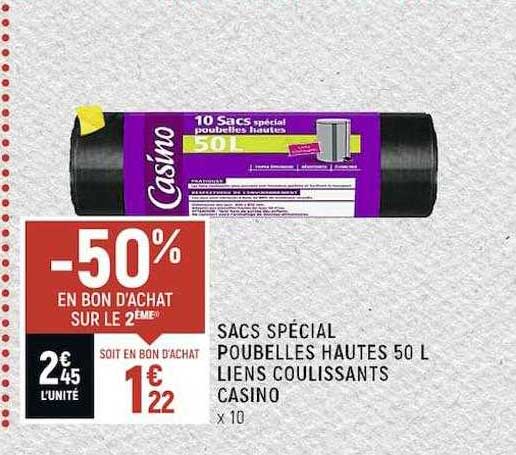 sacs spécial poubelles hautes 50l liens coulissants casino