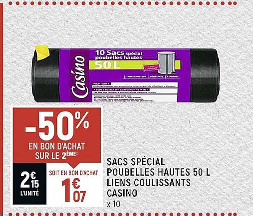 sacs spécial poubelles hautes 50l liens coulissants casino