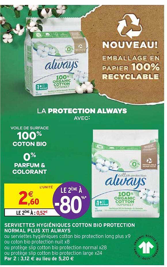 serviettes hygiéniques cotton bio protection normal plus x11 always