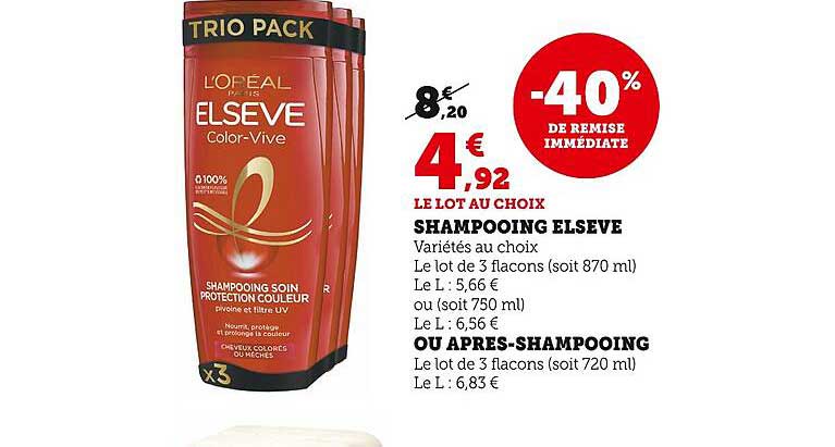 shampoo elseve ou après-shampooing -40% de remise immédiate