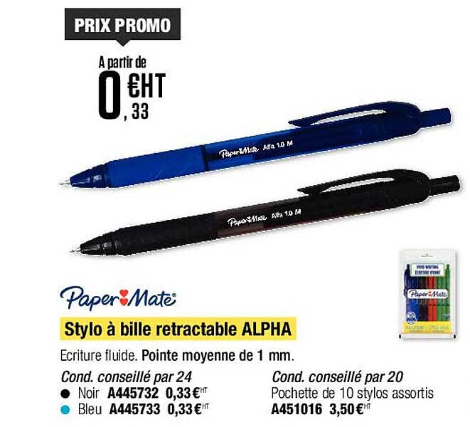 stylo à bille rétractable alpha paper mate
