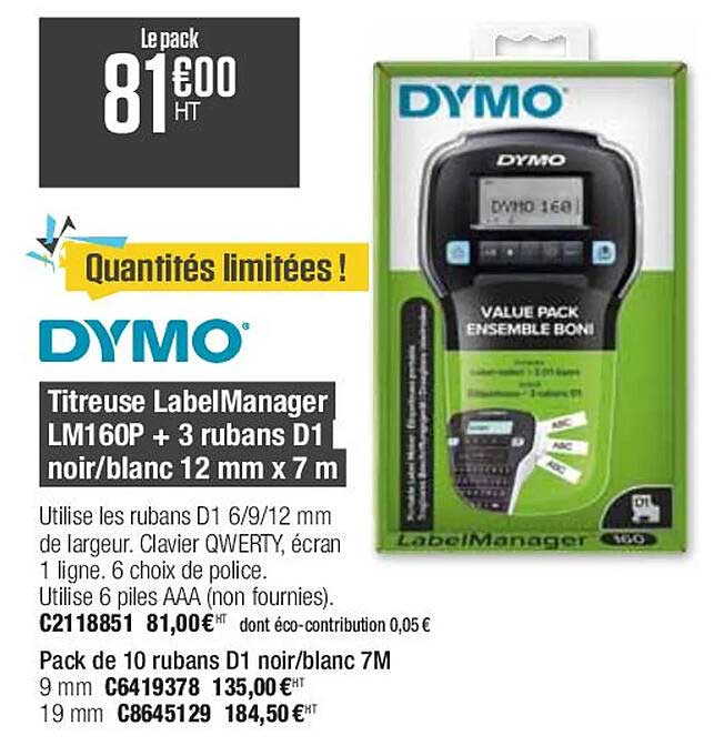 titreuse label manager lm160p + 3 rubans d1 noir-blanc 12 mm x 7 m dymo