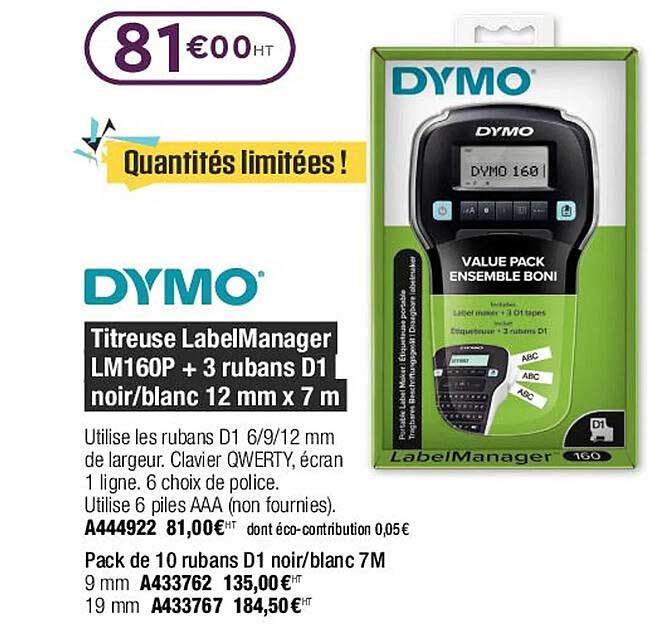 titreuse labelmanager lm160p + 3 rubans d1 noir-blanc 12 mm x 7 m dymo