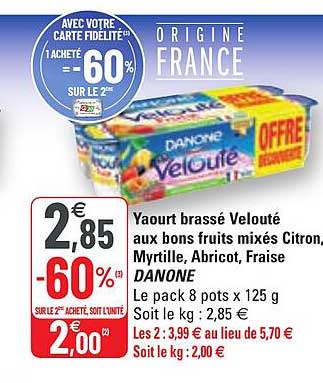 yaourt brassé velouté aux bons fruits mixés citron, myrtille, abricot, fraise danone