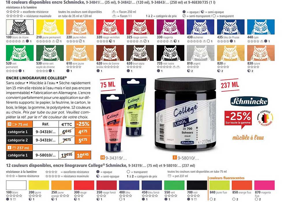 18 couleurs disponibles encre schmincke, 12 couleurs disponible encre linogravure college schmincke