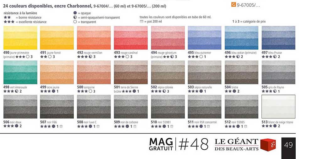 24 couleurs disponibles, encre charbonnel