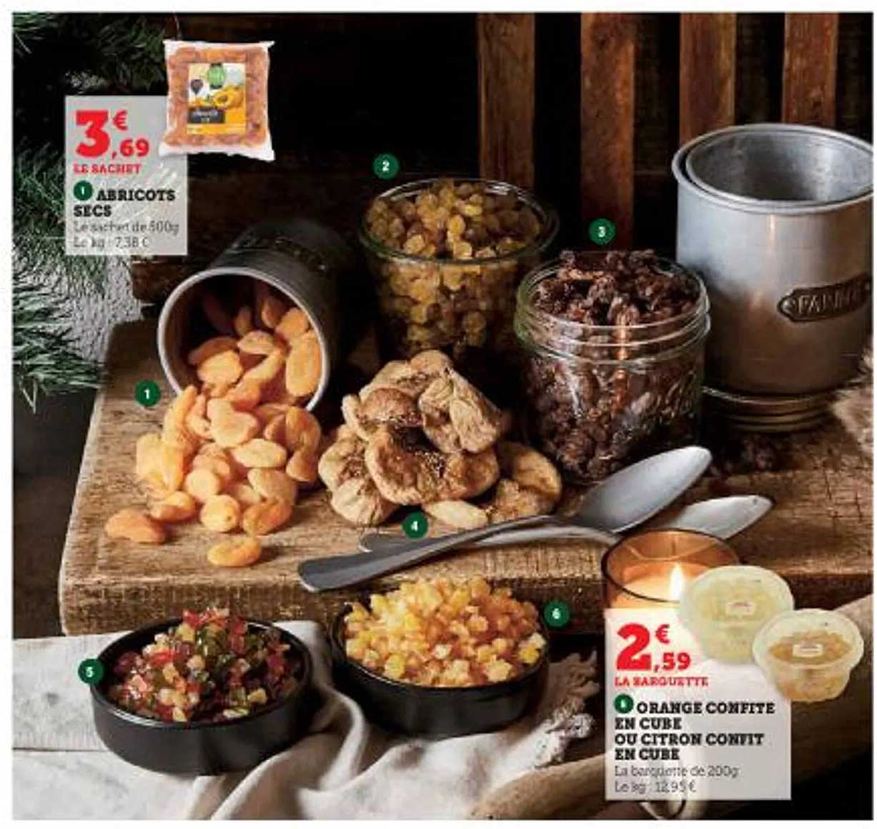 abricots secs, orange confite en cube ou citron confit en cube