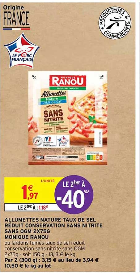 allumettes nature taux de sel réduit conservation sans nitrite sans ogm 2 x 75 g monique ranou