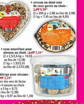 anneau ou demi noix de coco garnis, seau nourriture pour oiseaux, mélange pour oiseaux