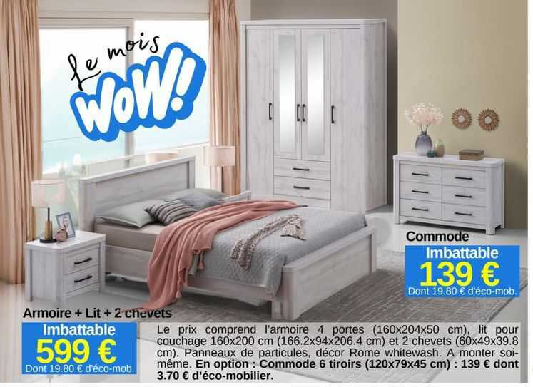 Armoire + Lit + 2 Chevets, Commode