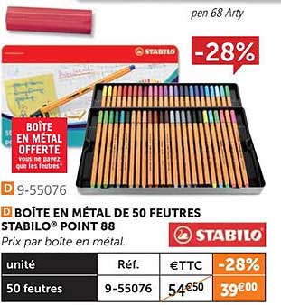 boîte métal de 50 feutres stabilo point 88