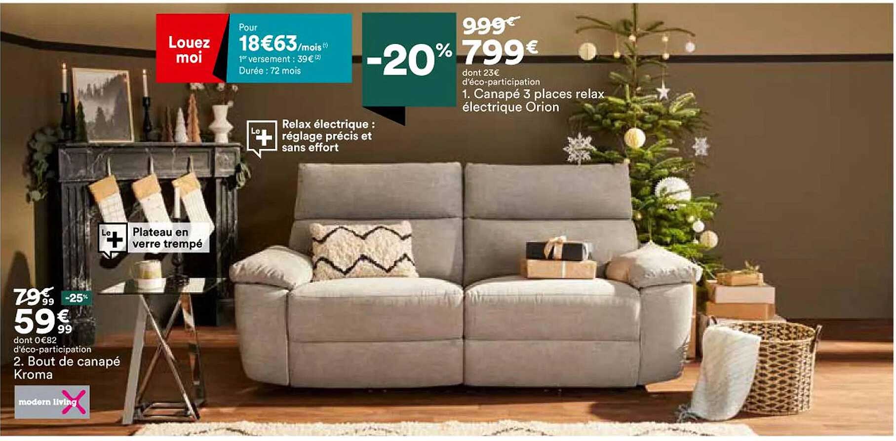 bout de canapé kroma, canapé 3 places relax électrique orion modern living