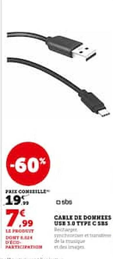 câble de données usb 3.0 type c sbs