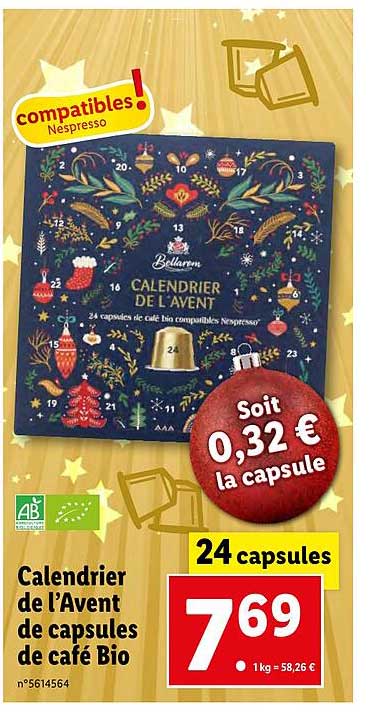 calendrier de l'avent de capsules de café bio