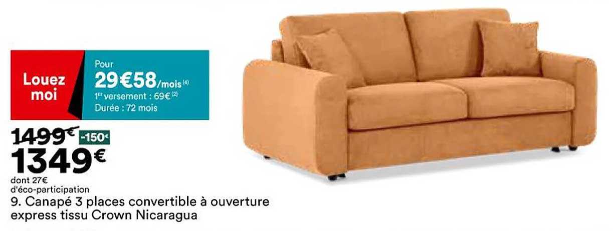 canapé 3 places convertible à ouverture express tissu crown nicaragua