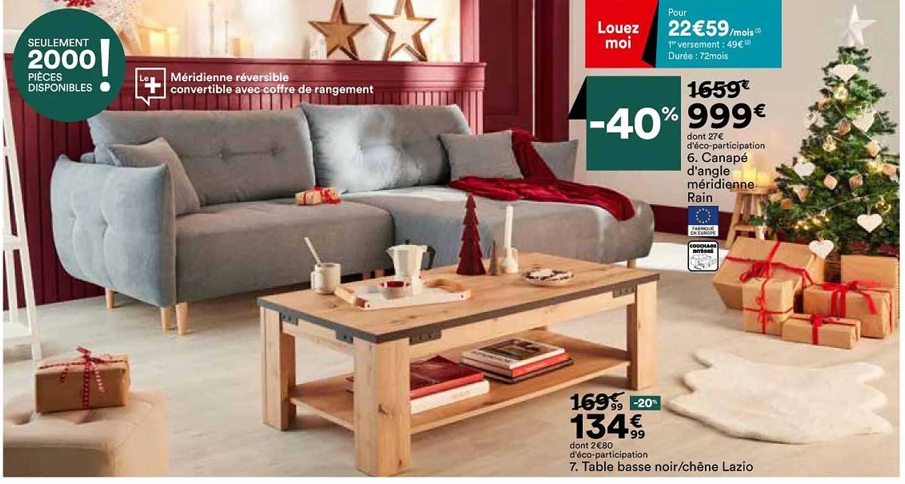 canapé d'angle méridienne rain, table basse noir/chêne lazio