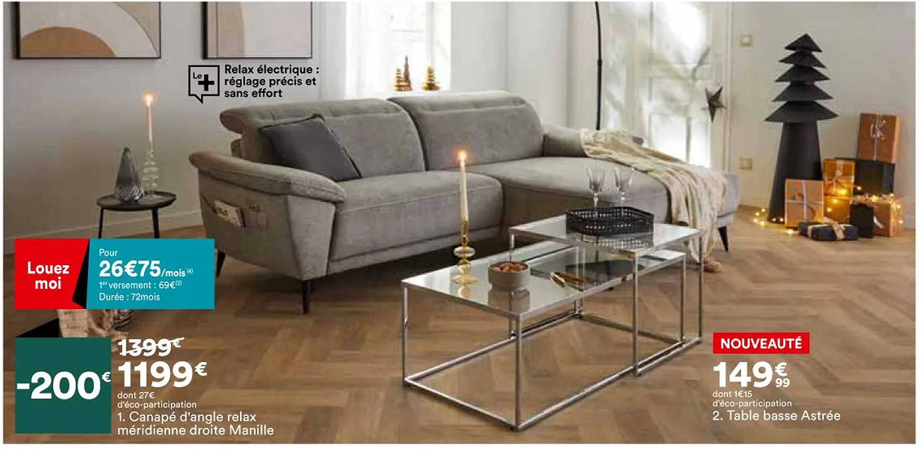 canapé d'angle relax méridienne droite manille, table basse astrée