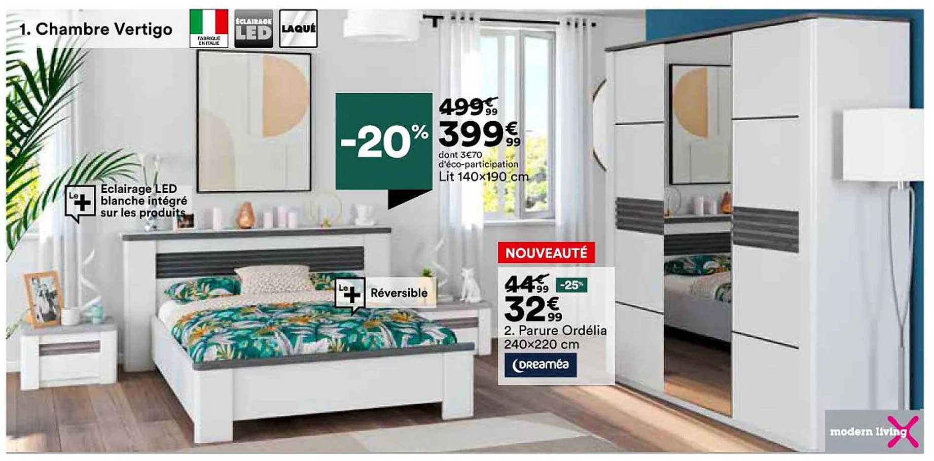 chambre vertigo : lit 140 x 190 cm modern living, parure ordélia 240 x 220 cm dreaméa