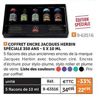 coffret encre jacques herbin spécial 350 ans - 5 x 10 ml