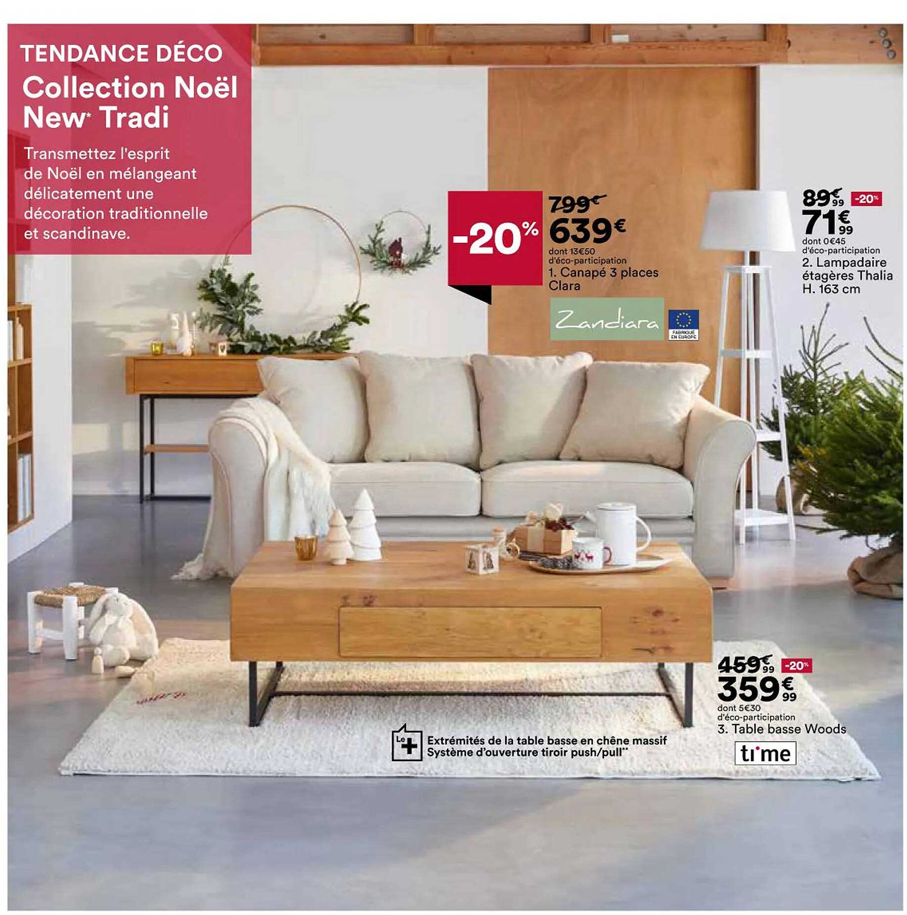 collection noël new tradi : canapé 3 places clara, table basse woods, lampadaire étagères thalia h. 163 cm