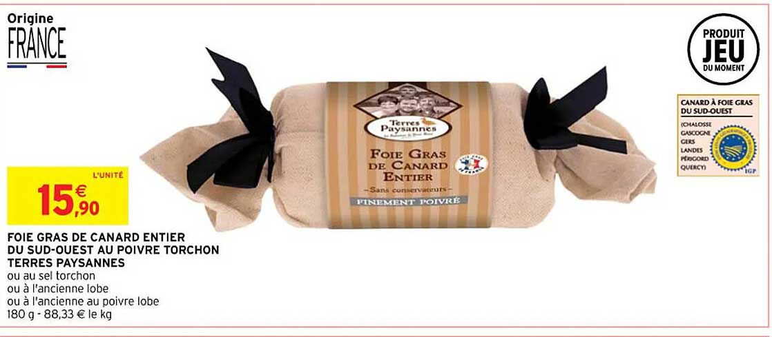 Foie Gras De Canard Entier De Sud-ouest Au Poivre Torchon Terre Paysannes