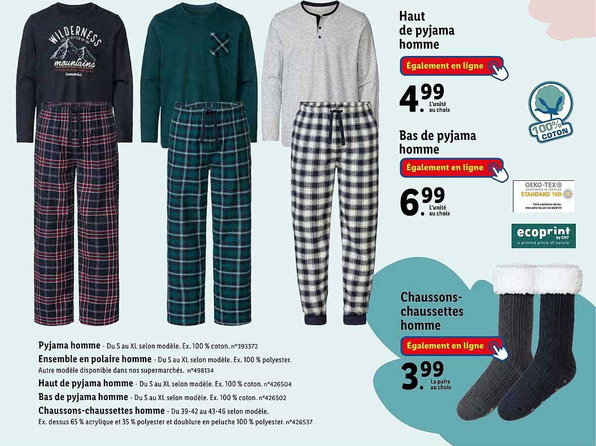 Haut De Pyjama Homme, Bas De Pyjama Homme, Chaussons-chaussettes Homme