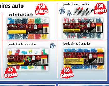 jeu d'embouts à sertir, jeu de fusibles de voiture, jeu de pinces crocodile, jeu de pinces à dénuder