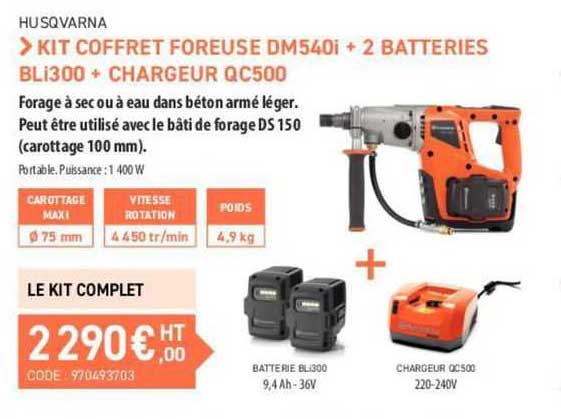 kit coffret foreuse dm540i + 2 batteries bli300 + chargeur qc500 husqvarna
