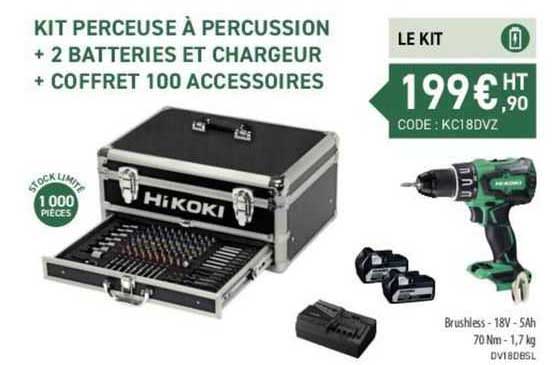 kit perceuse à percussion + 2 batteries et chargeur + coffret 100 accessoires hikoki