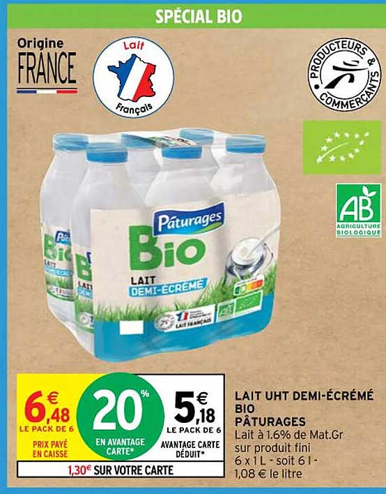 lait uht demi-écrémé bio pâturages