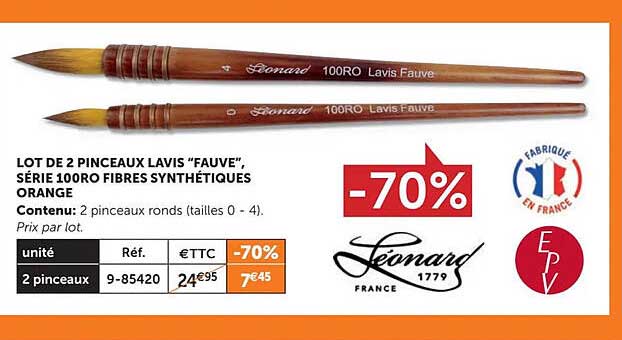 lot de 2 pinceaux lavis "fauve", série 100ro fibres synthétiques orange