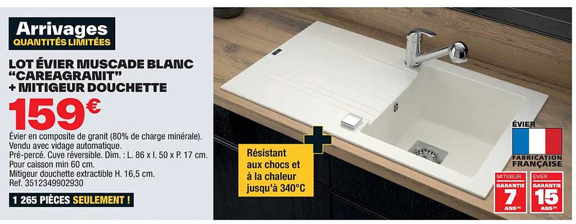 lot évier muscade blanc "careagranit" + mitigeur douchette