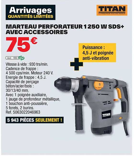 marteau perforateur 1250 w sds+ avec accessoires titan