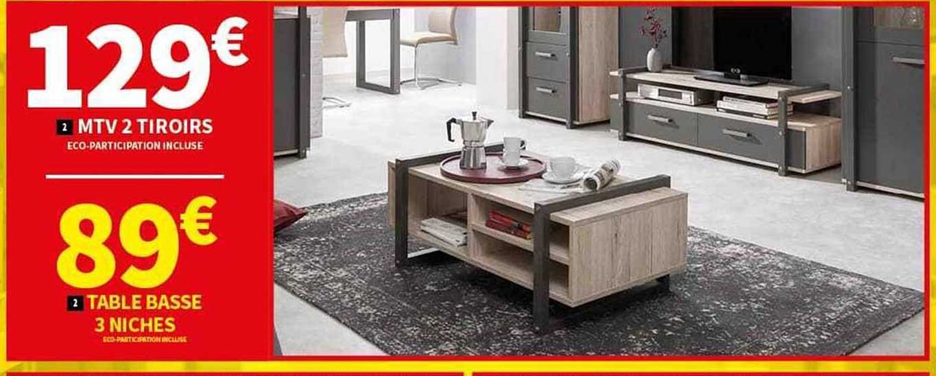 mtv 2 tiroirs, table basse 3 niches