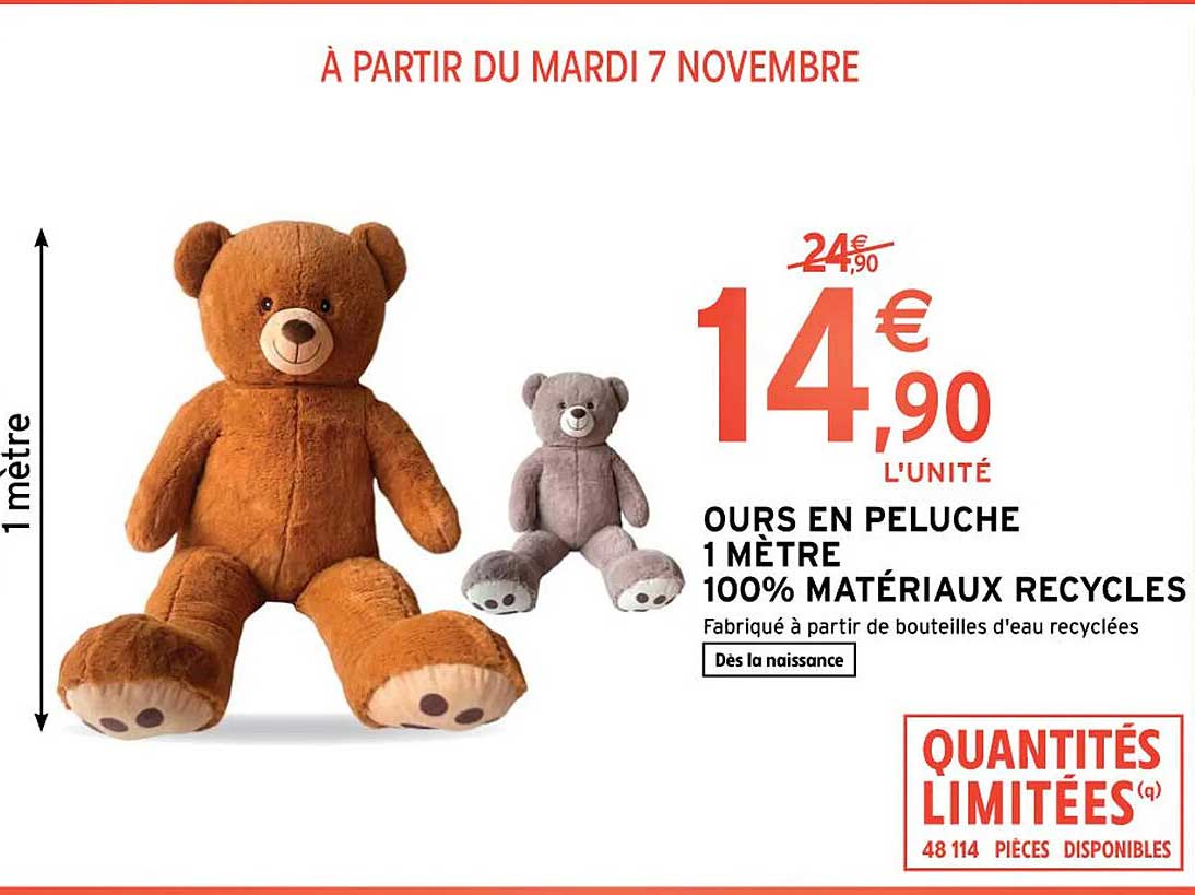 ours en peluche 1 mètre 100% matériaux recyclés