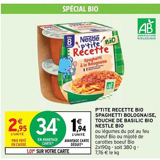 p'tite recette bio spaghetti bolognaise, touche de basilic bio nestlé bio