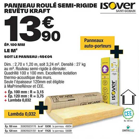 panneau roulé semi-rigide revêtu kraft isover
