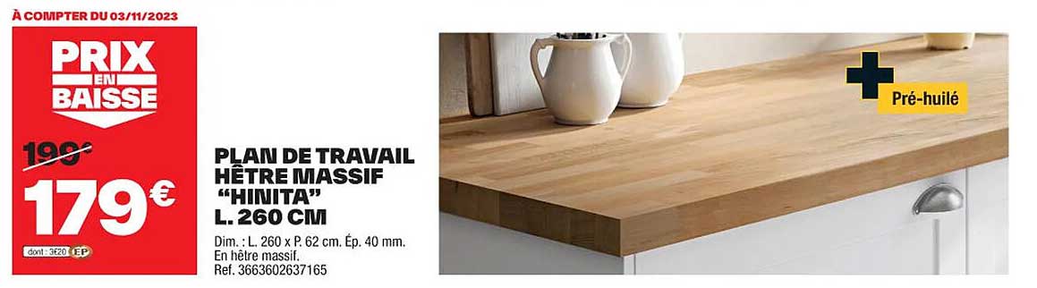 plan de travail hêtre massif "hinita" l. 260 cm