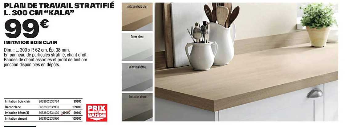 plan de travail stratifié l. 300 cm "kala"