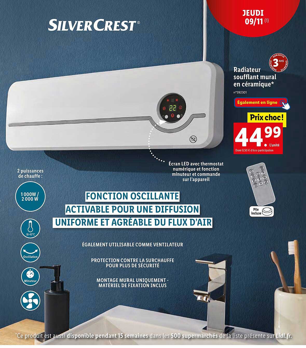 radiateur soufflant mural en céramique silver crest