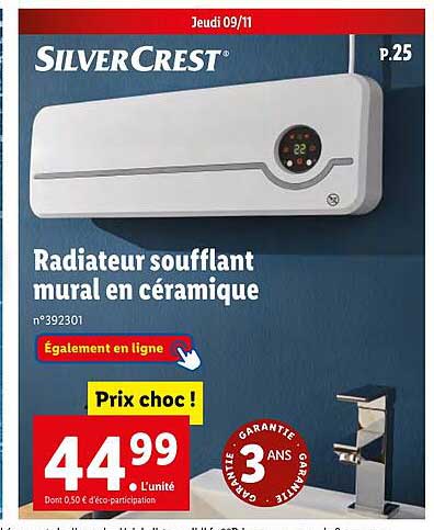 radiateur soufflant mural en céramique silver crest