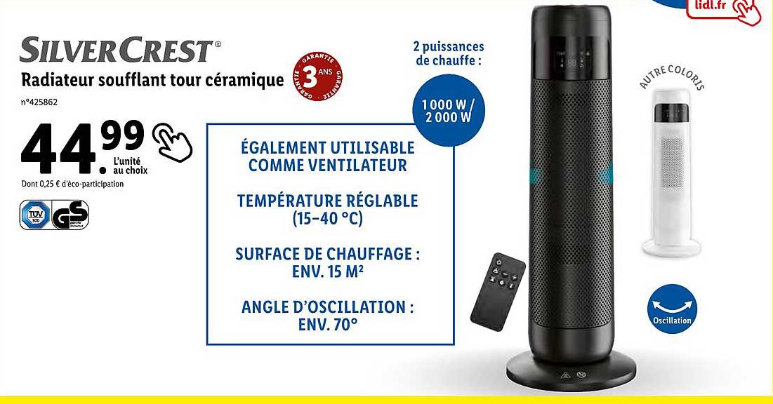 Radiateur Soufflant Tour Céramique Silver Crest