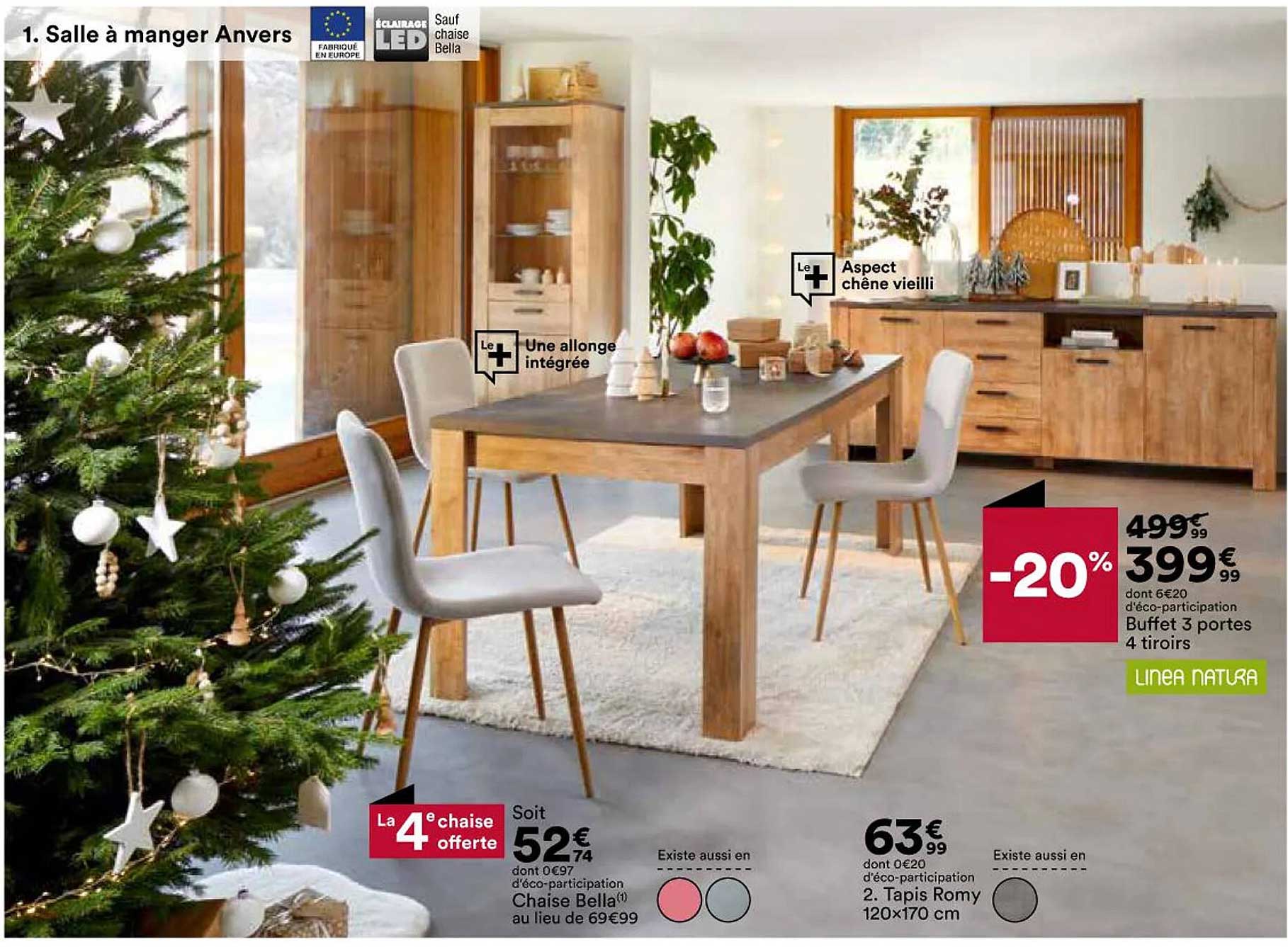 salle à manger anvers : chaise bella, tapis romy 120 x 170 cm, buffet 3 portes 4 tiroirs