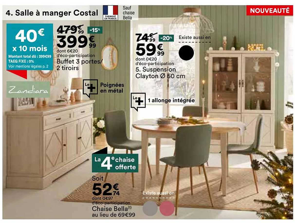 salle à manger costal : buffet 3 portes/2 tiroirs, chaise bella, suspension clayton ø 50 cm